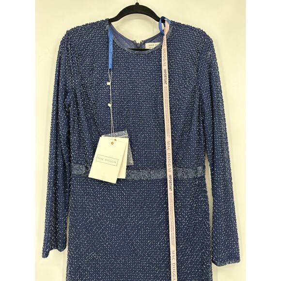 Mac Duggal 5056 Navy Blue Long Sleeve Beaded Maxi Dress w/ Train Size 12 NWT - Picture 2 of 12